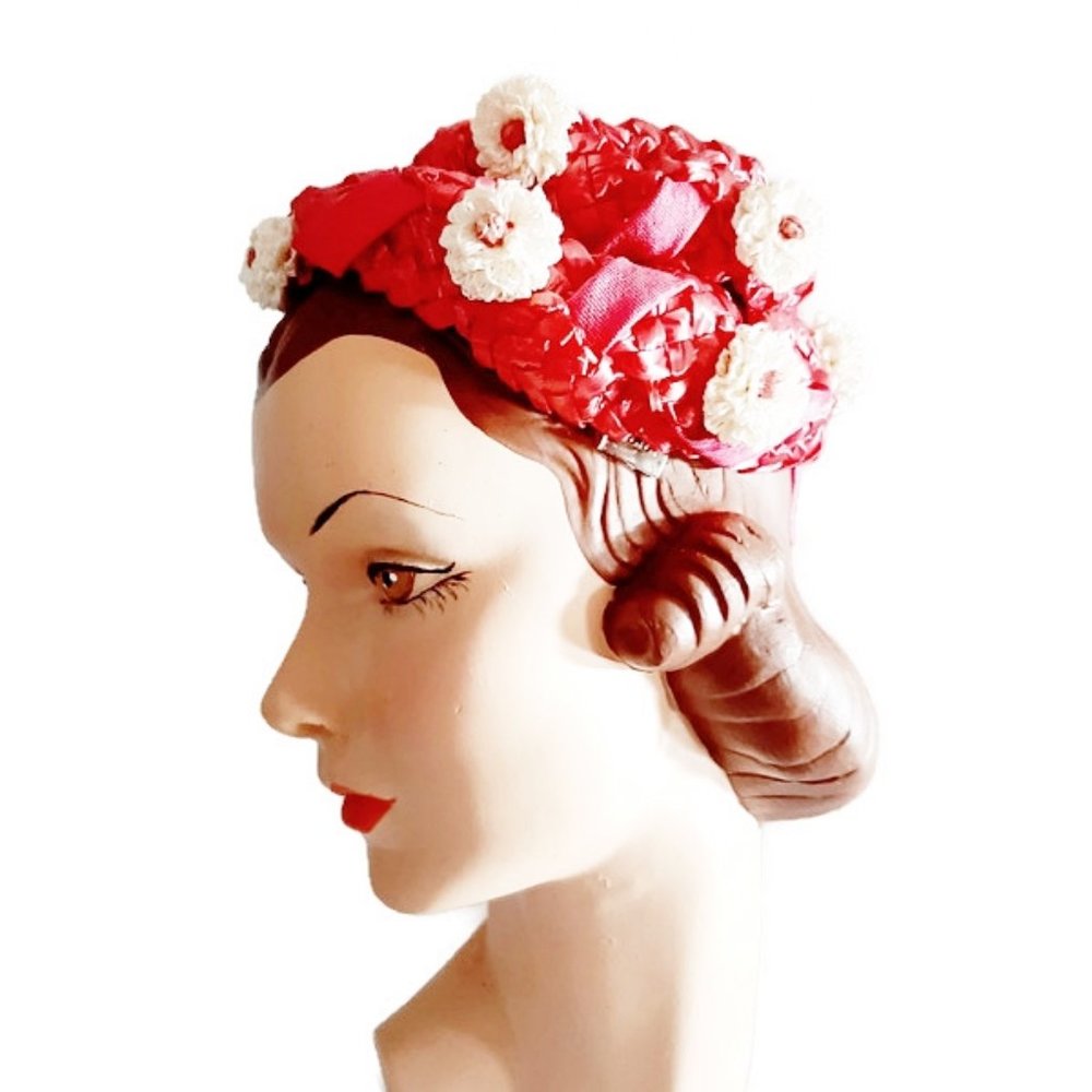 1950s Vintage Small Bright Pink Straw Pillbox Hat With Flowers And Ribbon Bands